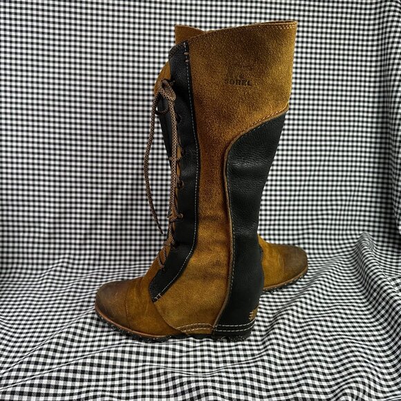 Sorel Cate The Great Wedge Suede Boots Lace Up Knee High Tall Elk Black Size 8 - Picture 1 of 7